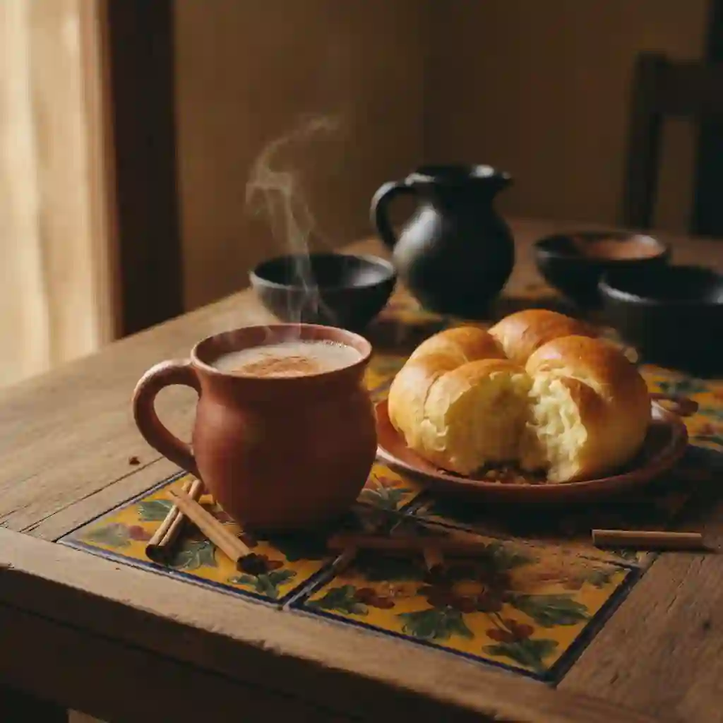 A clay cup of steaming Oaxacan hot chocolate beside pan de yema and cinnamon sticks.