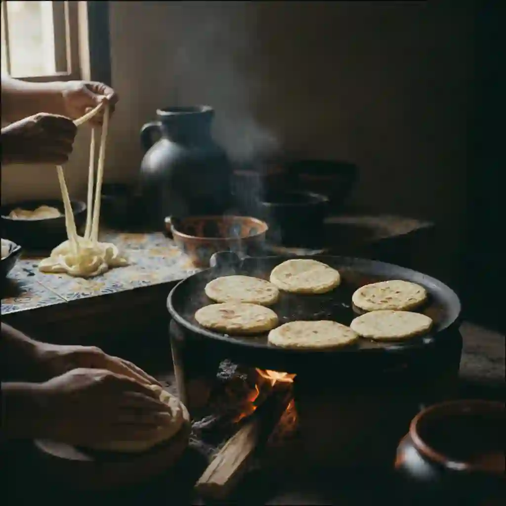Hands pulling fresh quesillo cheese beside memelas cooking on a clay comal over a wood fire.