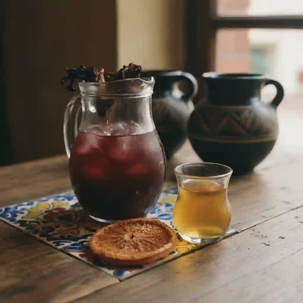 A glass pitcher of jamaica agua fresca and a copita of mezcal with a dried orange slice.