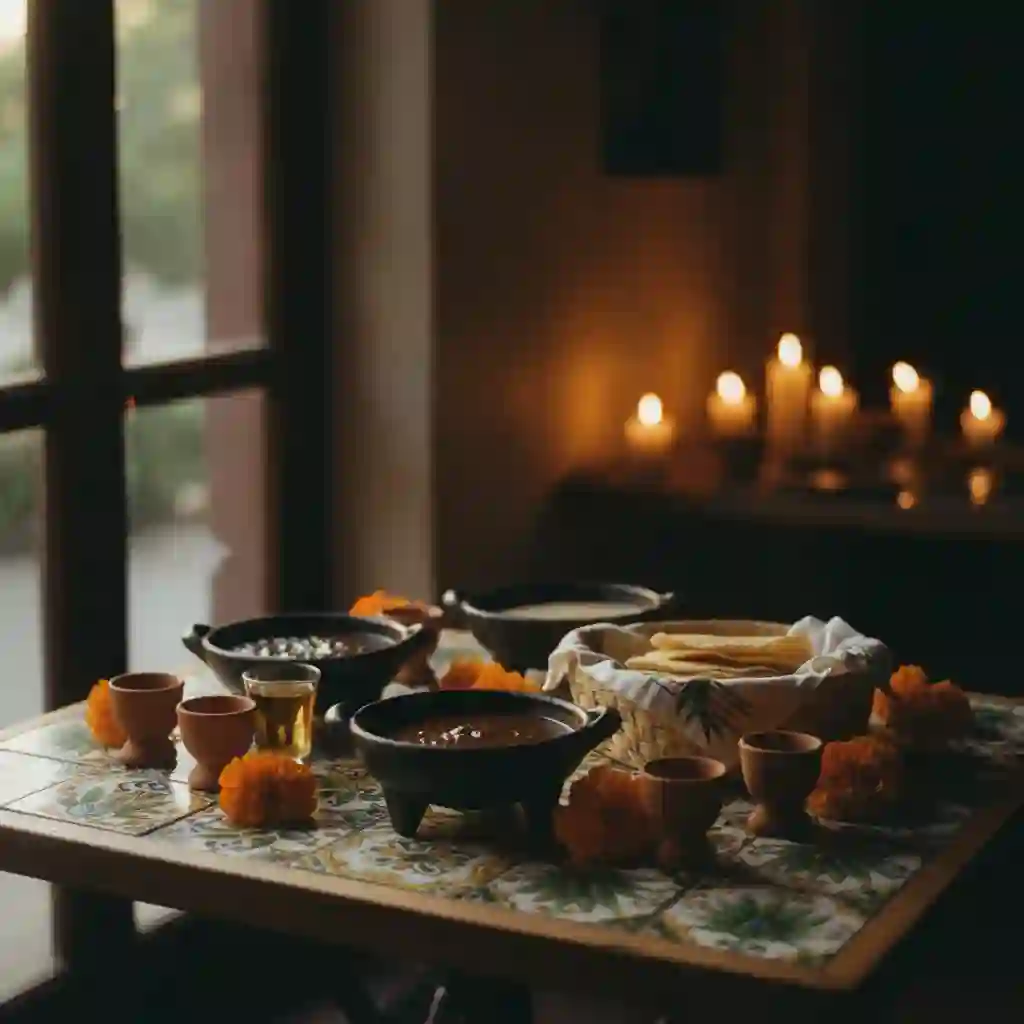 A candlelit table at Milpa set with clay bowls of mole, fresh tortillas in a cloth, and marigolds on hand-painted talavera tile.