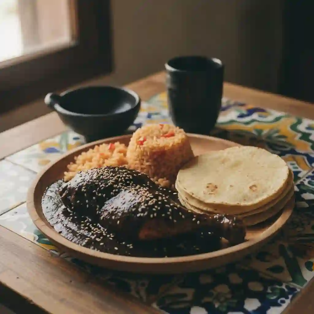 A plate of glossy mole negro over chicken with sesame seeds, red rice and fresh corn tortillas.