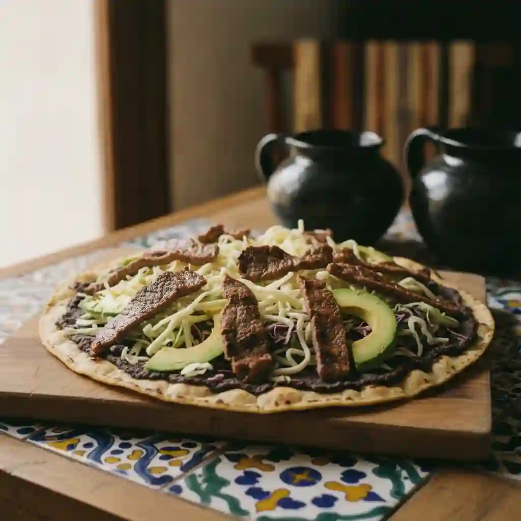 An Oaxacan tlayuda topped with tasajo, quesillo, cabbage and avocado on a wooden board.